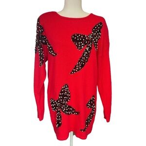 Vintage Silk Angora Sweater Red Large Black Bow Pearls Sequins Womens Medium
